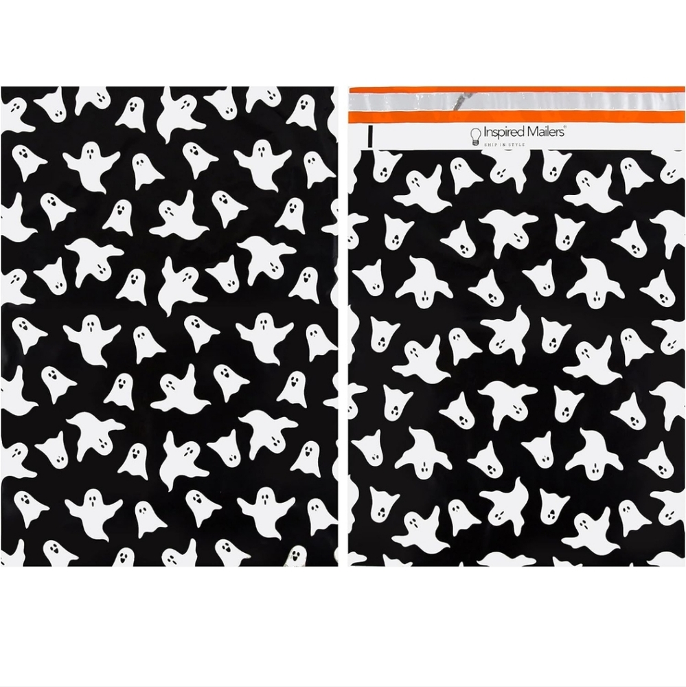 10 pk  14.5x19 INCH POLY MAILERS: White Ghosts on Black background